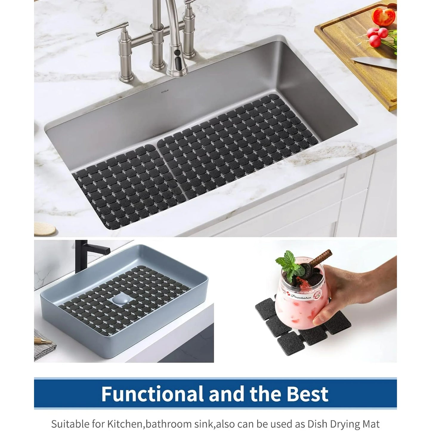 Bligli 2-Pack Sink Mats - 15.7"x11.8" Non-Slip PVC Liners, Quick-Dry Kitchen Protector for Stainless Steel/Ceramic, Dish Drying Mat