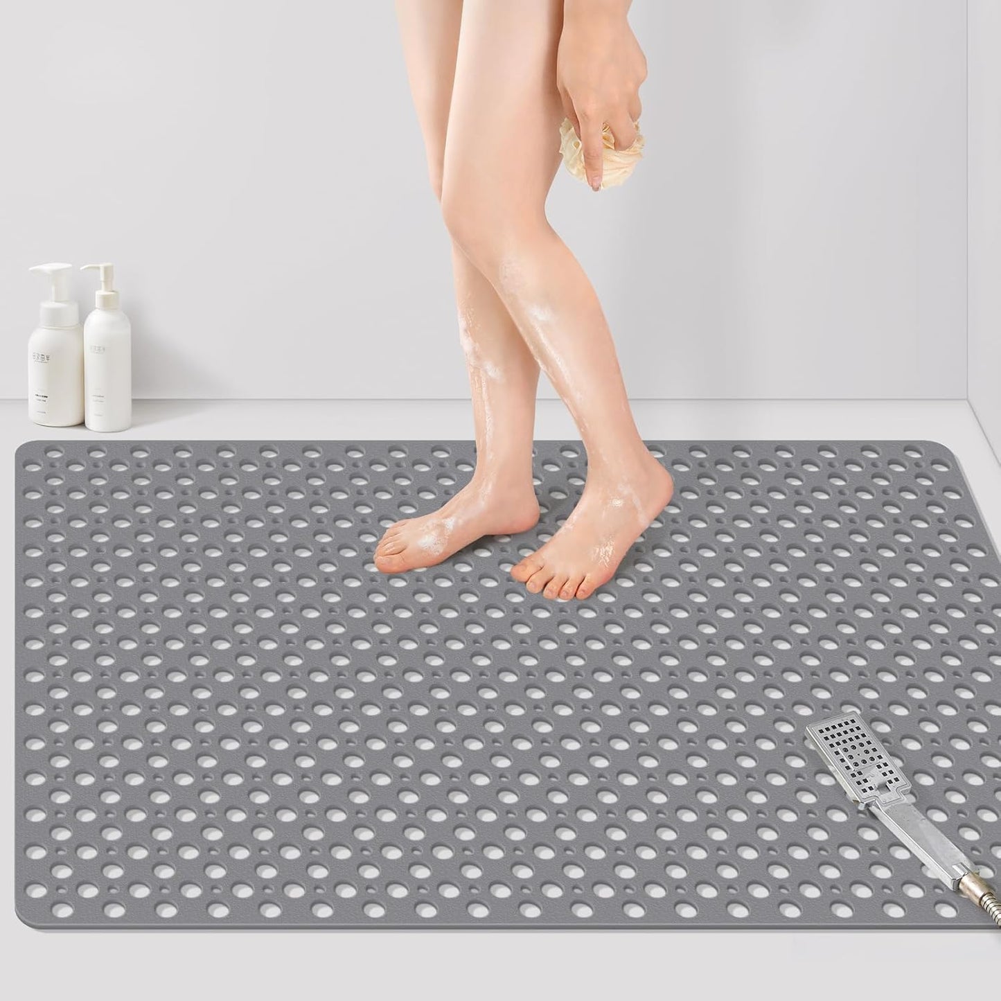 Yolife Large Shower Mat, 47" x 32" Non Slip Shower Mats for Inside Shower with Drain Holes and Suction Cups, No Odor Soft Shower Floor Mat, Grey
