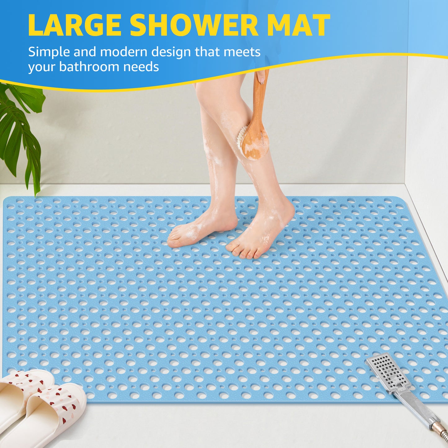 OTHWAY Large Shower Mat, 47x32 TPE Anti Slip Shower Mat, Heavy Bath Mats for Shower with Drain Holes Suction Cups, Shower Stall Mat for Bathroom, No Odor Shower Grip Mat for Elderly Kids(W-White)