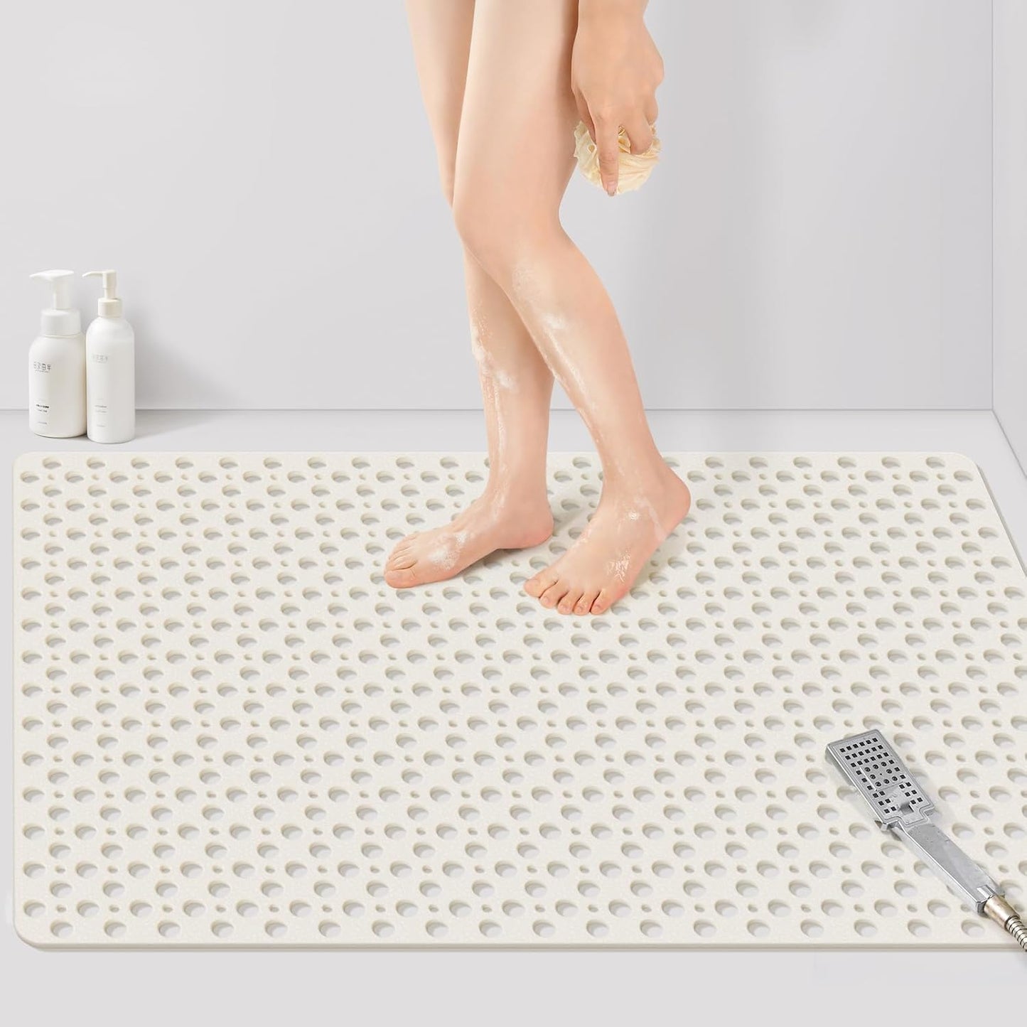 Yolife Large Shower Mat, 47" x 32" Non Slip Shower Mats for Inside Shower with Drain Holes and Suction Cups, No Odor Soft Shower Floor Mat, Grey