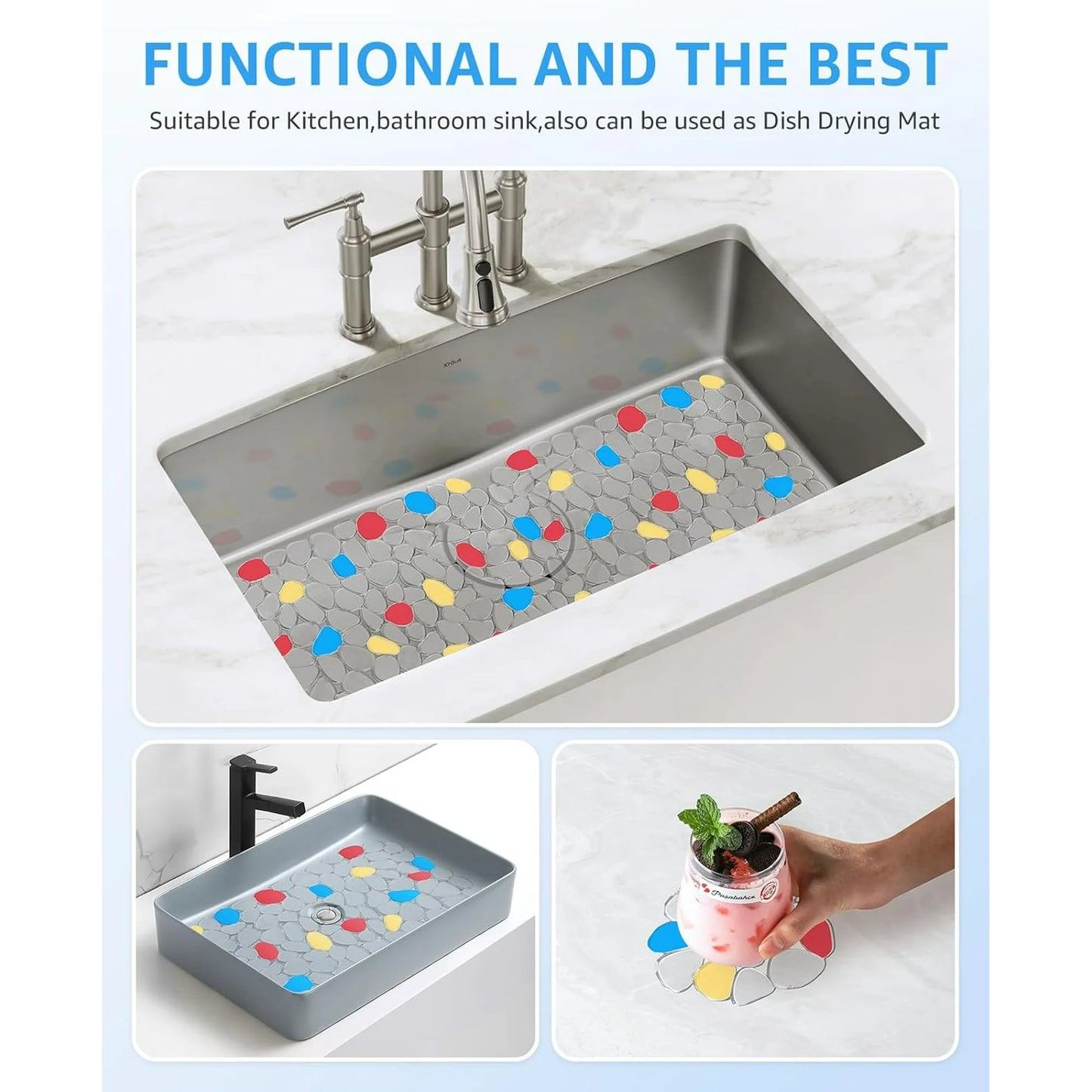 Bligli Non-Slip PVC Sink Mats (2-pack) – Pebble Design Protector for Stainless Steel/Porcelain, Dish Drying & Kitchen Liner, 15.7"x11.8"