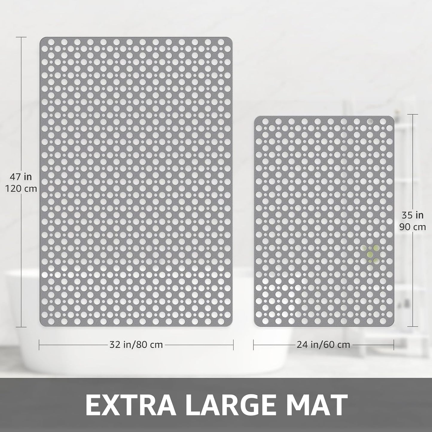 Yolife Large Shower Mat, 35" x 24" Non Slip Shower Mats for Inside Shower with Drain Holes and Suction Cups, No Odor Soft Shower Floor Mat, Grey