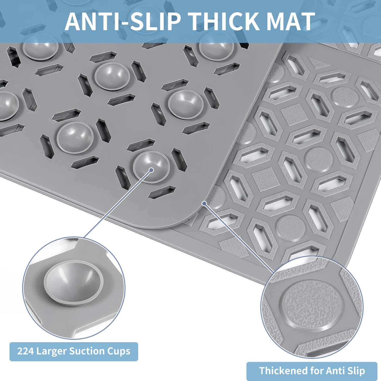 OTHWAY Square Shower Mat, 27"x 27" Extra Large Shower Mats for Inside Shower, TPE Anti Slip Shower Mat with Suction Cups Drain Holes, Machine Washable Shower Floor Mat
