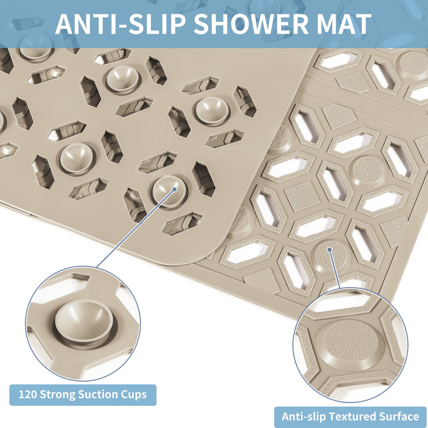 OTHWAY Square Shower Mat, 27"x 27" Extra Large Shower Mats for Inside Shower, TPE Anti Slip Shower Mat with Suction Cups Drain Holes, Machine Washable Shower Floor Mat