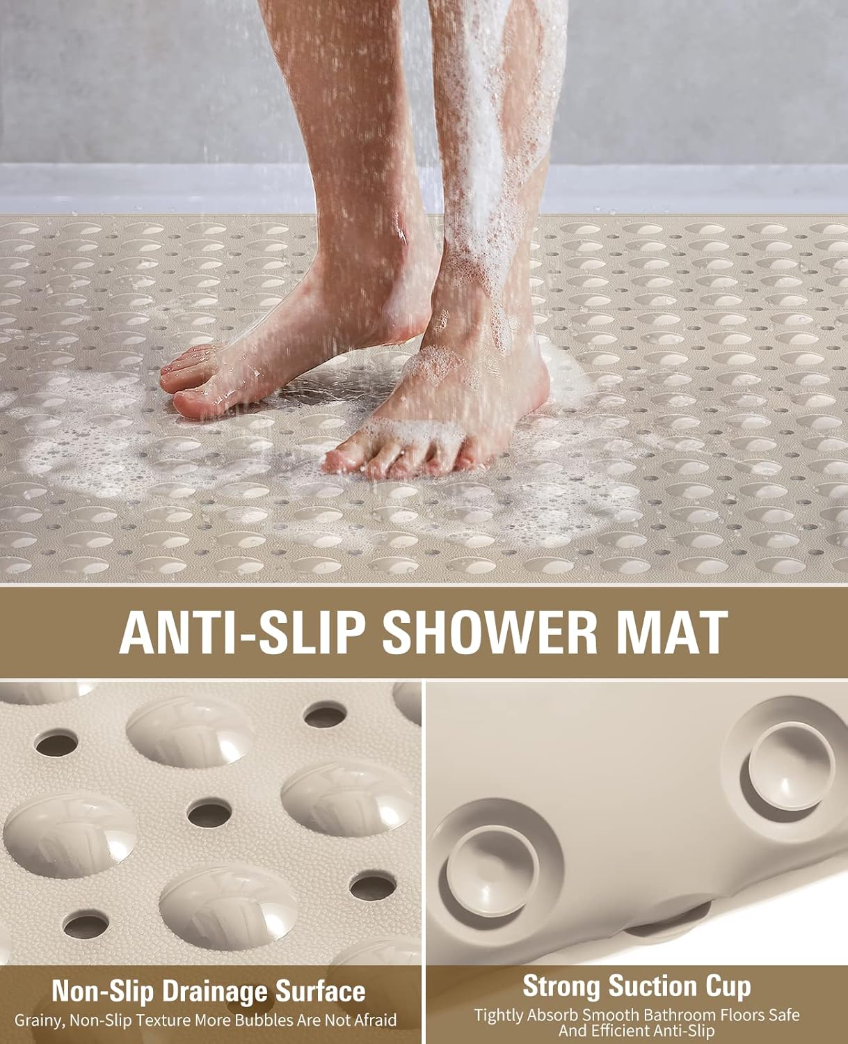 Yolife Extra Large Shower Mat 31.5x31.5" - TPE Non-Slip Bath Mat w/Suction Cups & Drain Holes, Heavy Duty for Shower Stall, Odor-Free