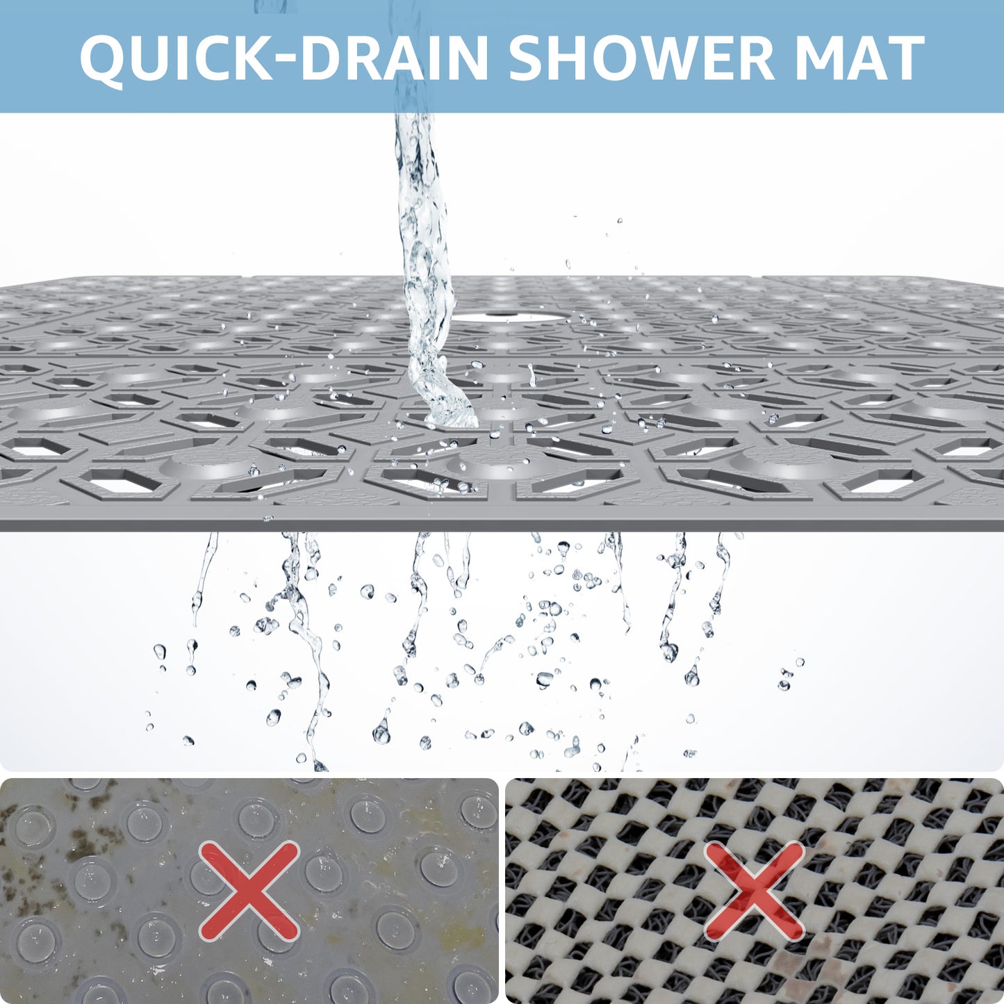 OTHWAY Square Shower Mat, 27"x 27" Extra Large Shower Mats for Inside Shower, TPE Anti Slip Shower Mat with Suction Cups Drain Holes, Machine Washable Shower Floor Mat