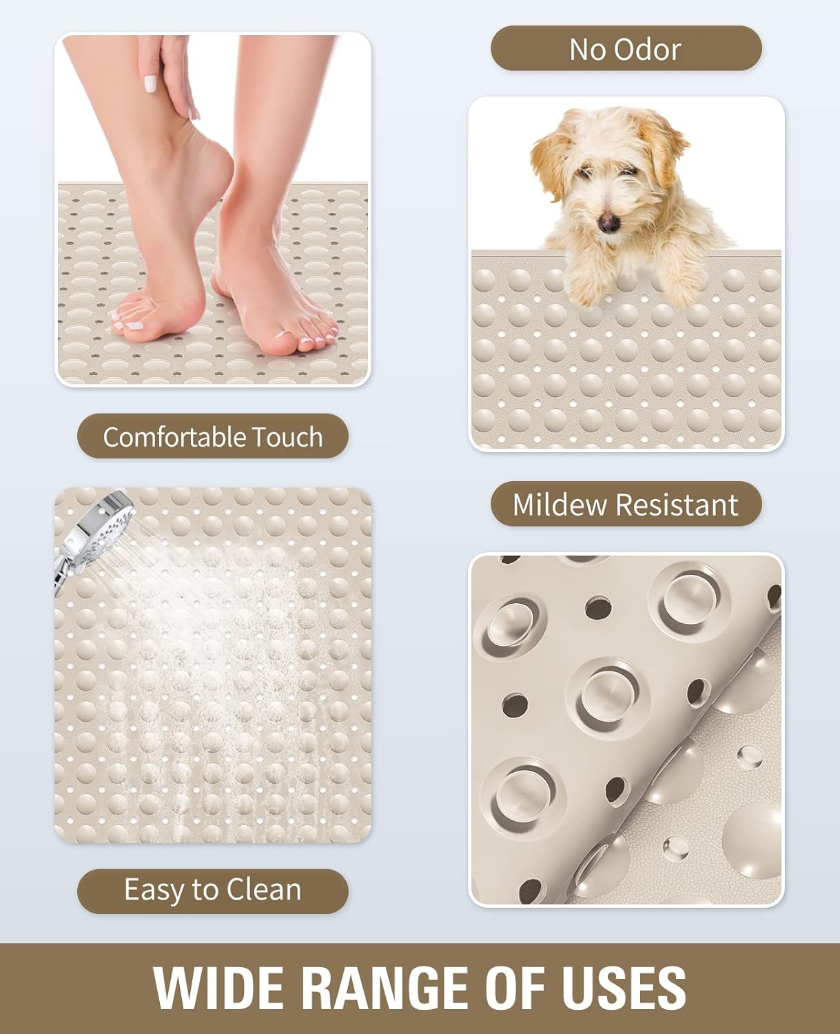 Yolife Extra Large Shower Mat 31.5x31.5" - TPE Non-Slip Bath Mat w/Suction Cups & Drain Holes, Heavy Duty for Shower Stall, Odor-Free