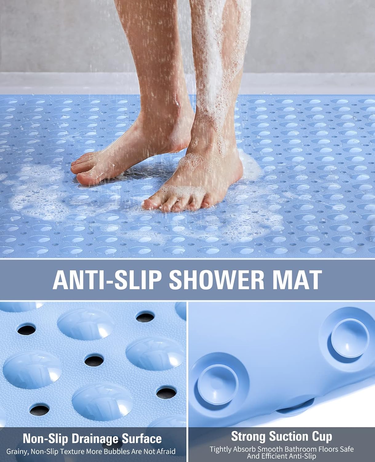Yolife Extra Large Shower Mat 47.2x31.5" - TPE Non-Slip Bath Mat w/Suction Cups & Drain Holes, Heavy Duty for Shower Stall, Odor-Free