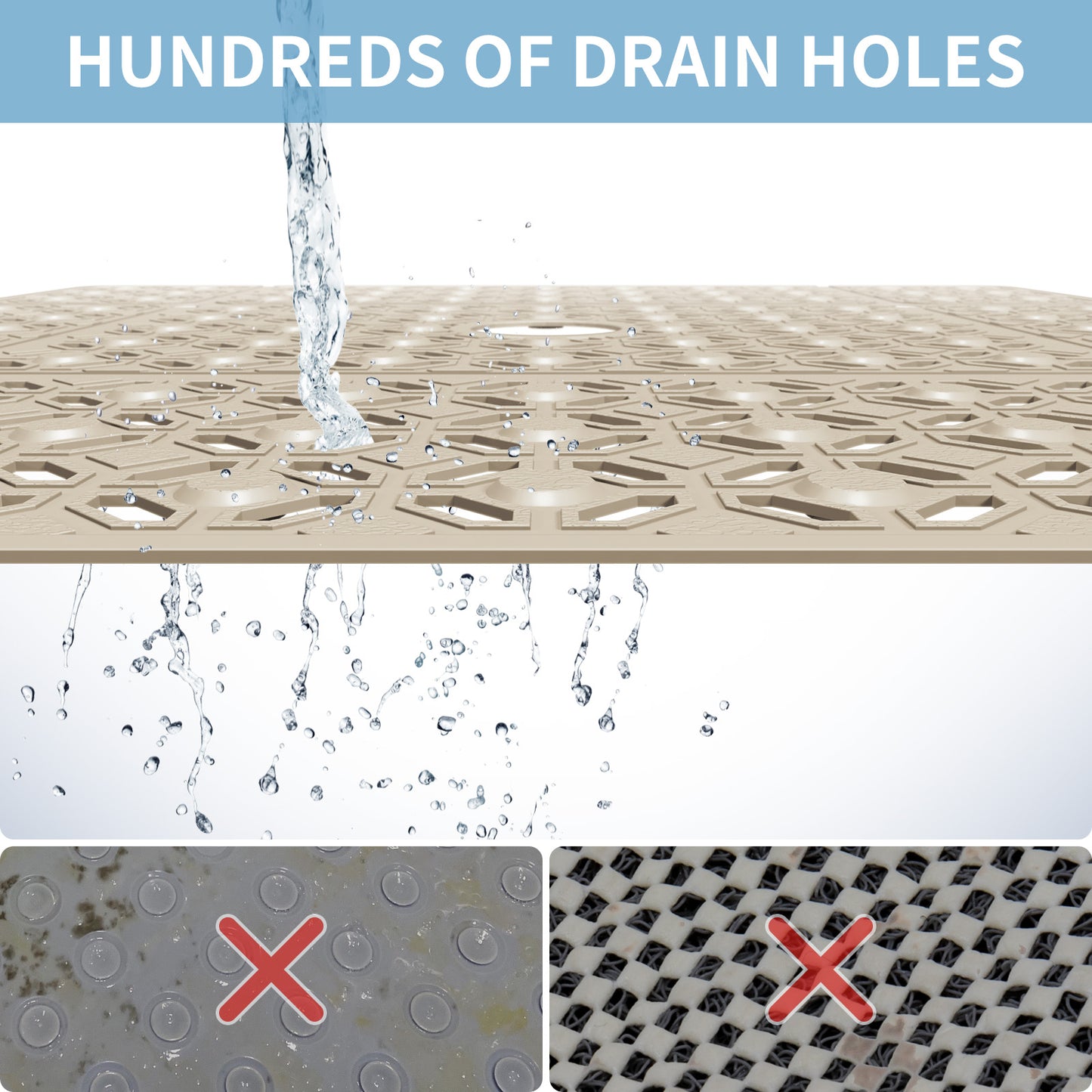 OTHWAY Square Shower Mat, 27"x 27" Extra Large Shower Mats for Inside Shower, TPE Anti Slip Shower Mat with Suction Cups Drain Holes, Machine Washable Shower Floor Mat