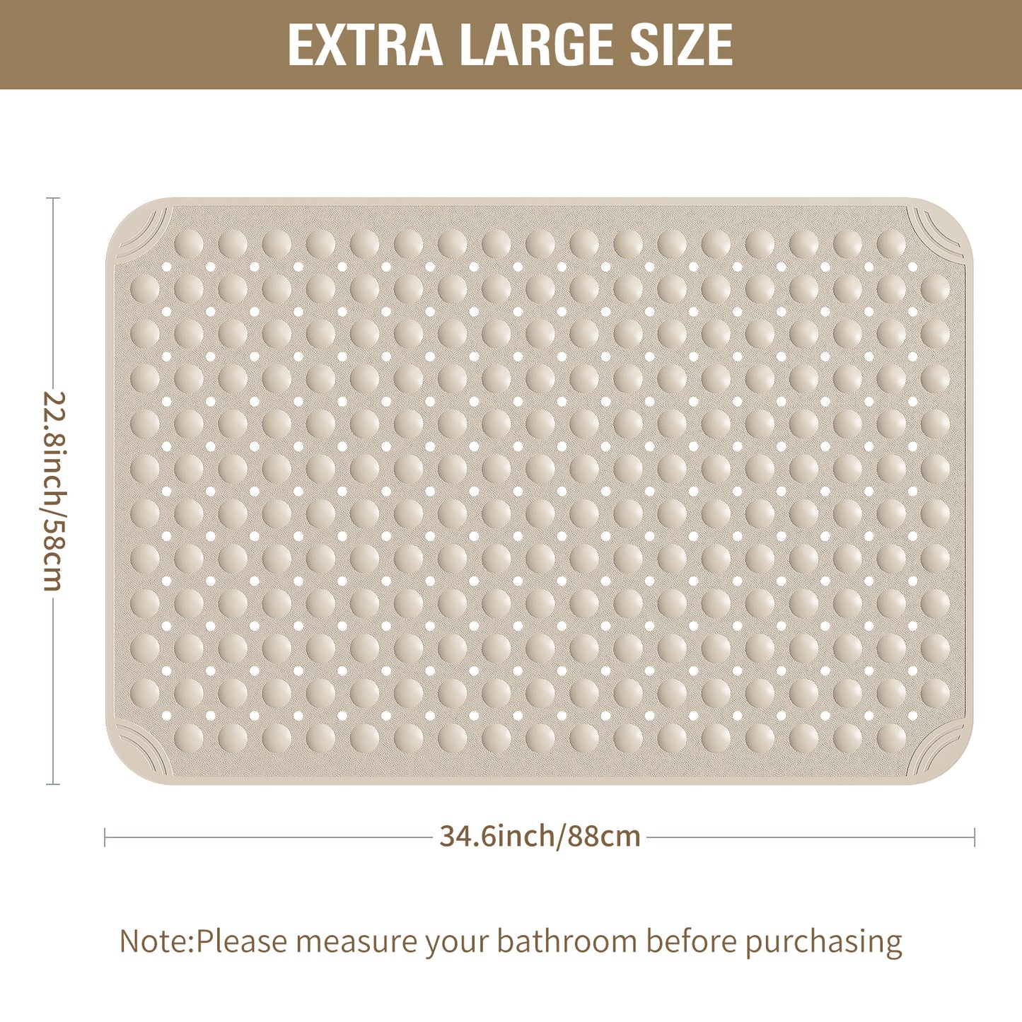 Yolife Extra Large Shower Mat 22.8x34.6" - TPE Non-Slip Bath Mat w/Suction Cups & Drain Holes, Heavy Duty for Shower Stall, Odor-Free
