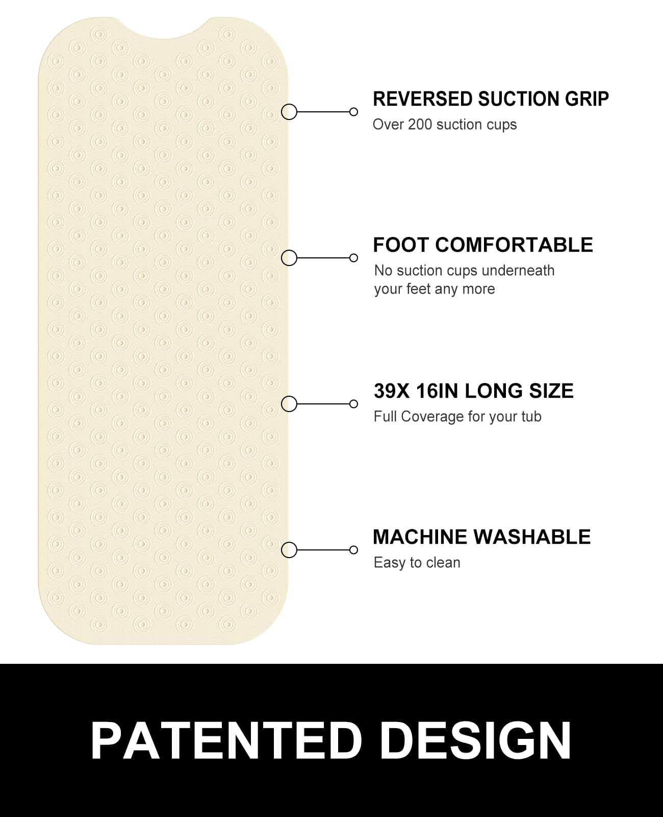 OTHWAY Bathtub Mat Non Slip, 39X16 inch Bath Mat for Tub, Machine Washable Bath Tub Mats with Reverse Suction Cups, Comfortable Rubber Bathtub Mat for Bathroom