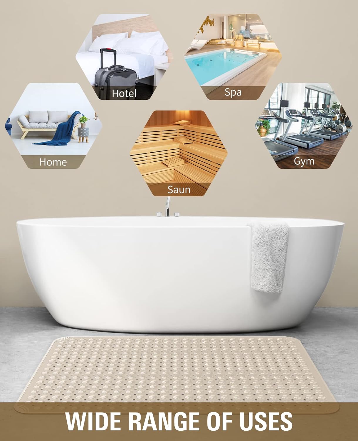 Yolife Extra Large Shower Mat 18.9x30.7" - TPE Non-Slip Bath Mat w/Suction Cups & Drain Holes, Heavy Duty for Shower Stall, Odor-Free