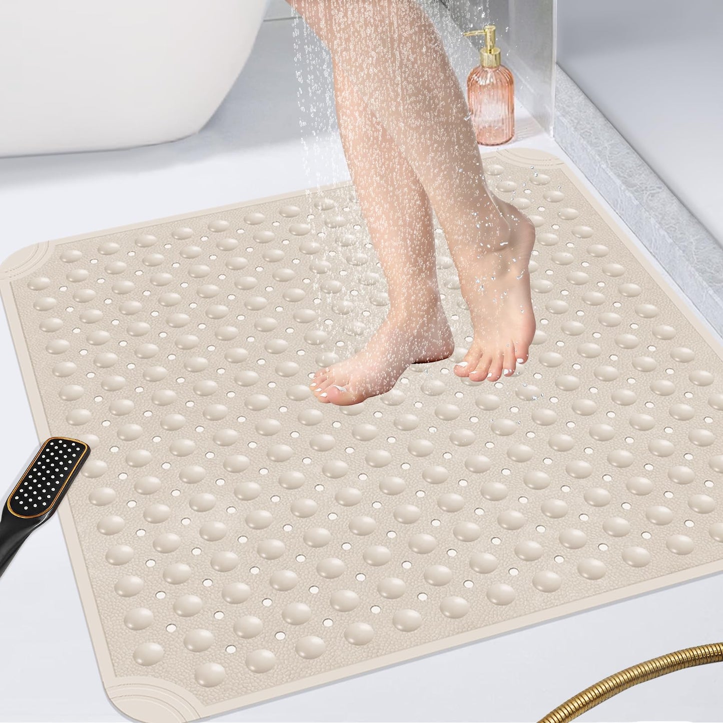 OTHWAY Large Shower Mat 34x23, TPE Non Slip Shower Mat, Inside Shower Mat with Drain Holes Suction Cups, Walk in Shower Mat for Shower Stall, Anti-Slip for Elderly Kids (Apricot)