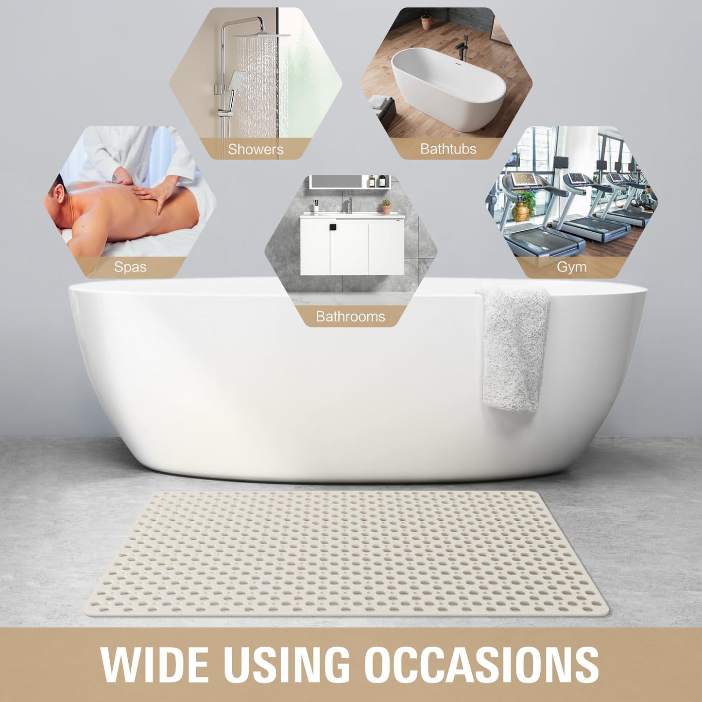 OTHWAY Large Shower Mat, 47x32 TPE Anti Slip Shower Mat, Heavy Bath Mats for Shower with Drain Holes Suction Cups, Shower Stall Mat for Bathroom, No Odor Shower Grip Mat for Elderly Kids(W-White)