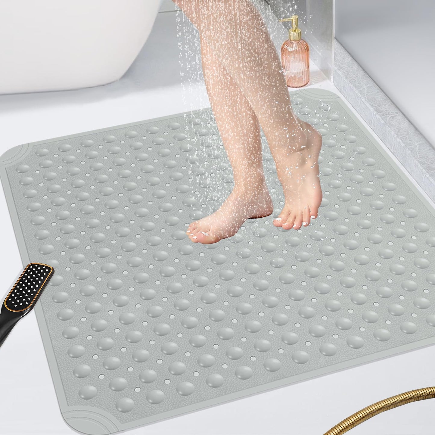 OTHWAY Large Shower Mat 34x23, TPE Non Slip Shower Mat, Inside Shower Mat with Drain Holes Suction Cups, Walk in Shower Mat for Shower Stall, Anti-Slip for Elderly Kids (Apricot)