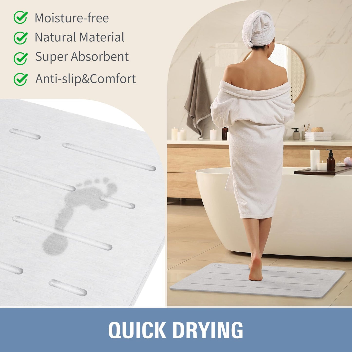 Large Stone Bath Mat - Quick Drying Absorbent Non-Slip Diatomite Mat
