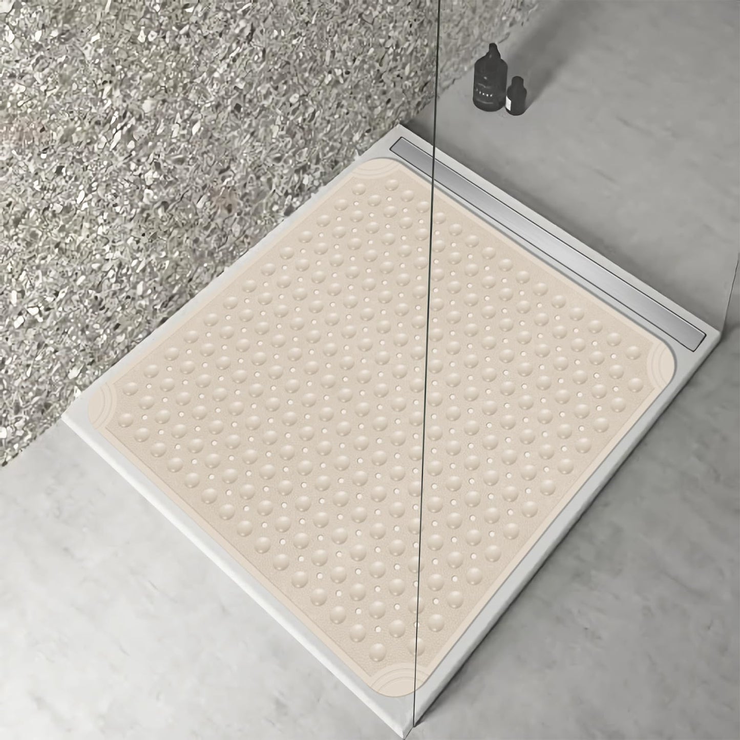 OTHWAY Large Shower Mat 34x23, TPE Non Slip Shower Mat, Inside Shower Mat with Drain Holes Suction Cups, Walk in Shower Mat for Shower Stall, Anti-Slip for Elderly Kids (Apricot)
