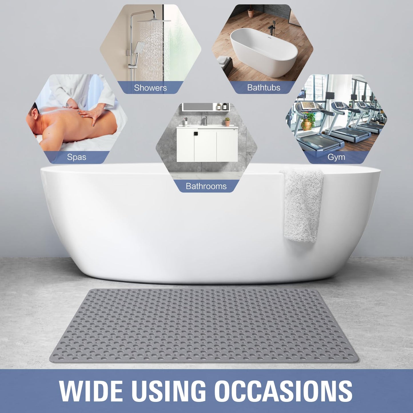 OTHWAY Large Shower Mat, 47x32 TPE Anti Slip Shower Mat, Heavy Bath Mats for Shower with Drain Holes Suction Cups, Shower Stall Mat for Bathroom, No Odor Shower Grip Mat for Elderly Kids(W-White)