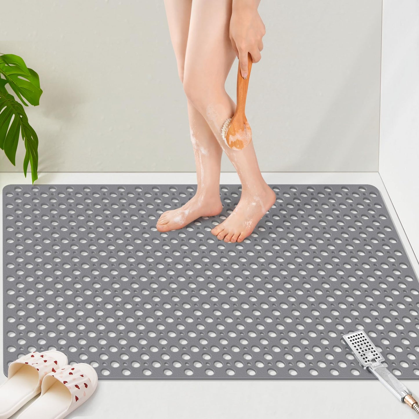 OTHWAY Large Shower Mat, 47x32 TPE Anti Slip Shower Mat, Heavy Bath Mats for Shower with Drain Holes Suction Cups, Shower Stall Mat for Bathroom, No Odor Shower Grip Mat for Elderly Kids(W-White)