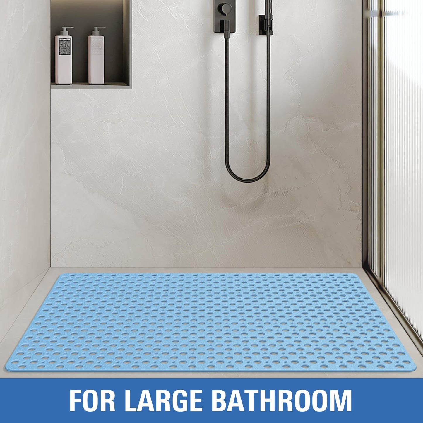 OTHWAY Large Shower Mat, 47x32 TPE Anti Slip Shower Mat, Heavy Bath Mats for Shower with Drain Holes Suction Cups, Shower Stall Mat for Bathroom, No Odor Shower Grip Mat for Elderly Kids(W-White)