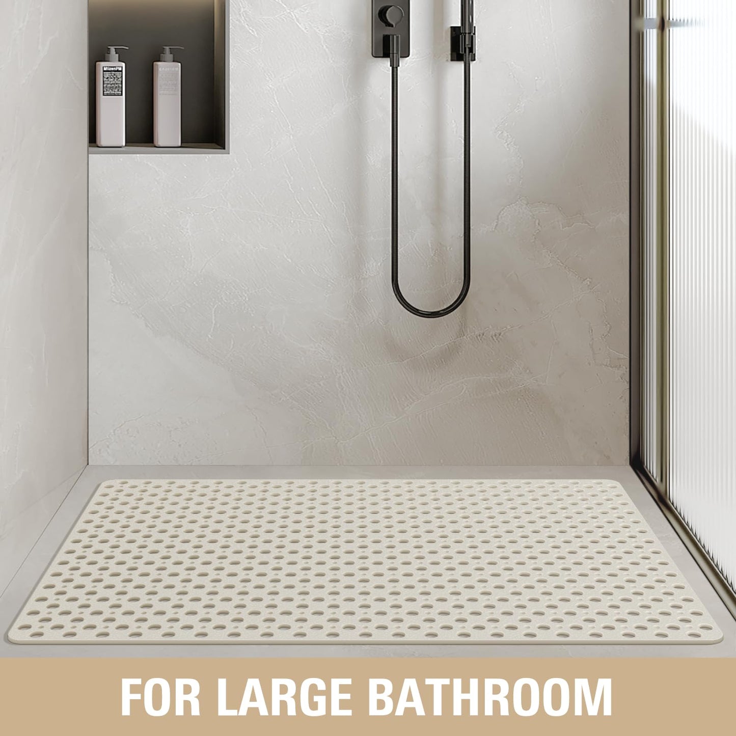 OTHWAY Large Shower Mat, 47x32 TPE Anti Slip Shower Mat, Heavy Bath Mats for Shower with Drain Holes Suction Cups, Shower Stall Mat for Bathroom, No Odor Shower Grip Mat for Elderly Kids(W-White)