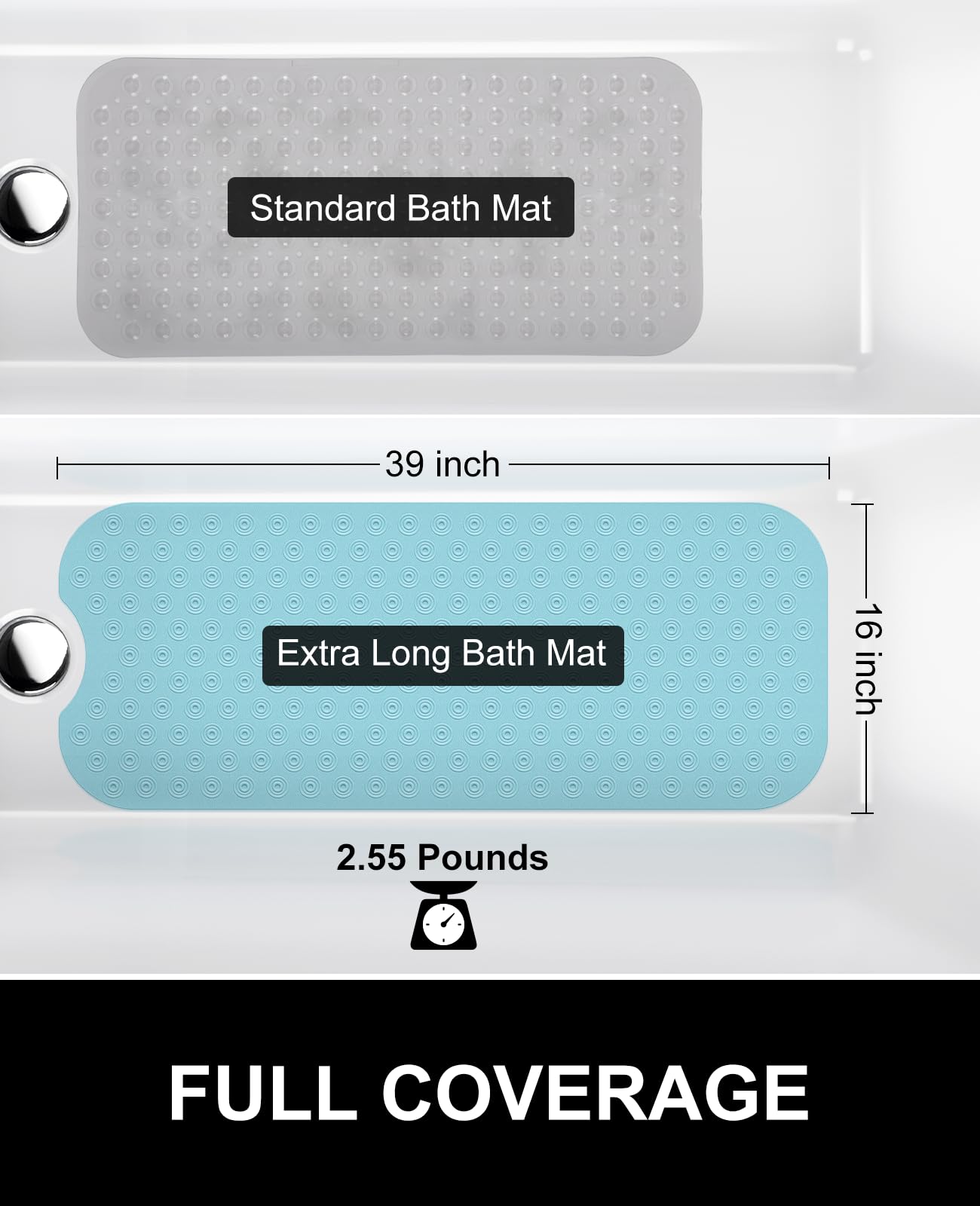 OTHWAY Bathtub Mat Non Slip, 39X16 inch Bath Mat for Tub, Machine Washable Bath Tub Mats with Reverse Suction Cups, Comfortable Rubber Bathtub Mat for Bathroom