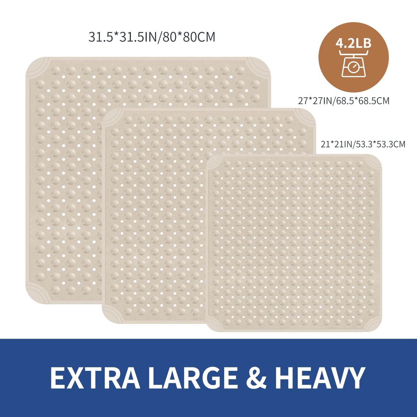 OTHWAY Large Shower Mat 34x23, TPE Non Slip Shower Mat, Inside Shower Mat with Drain Holes Suction Cups, Walk in Shower Mat for Shower Stall, Anti-Slip for Elderly Kids (Apricot)