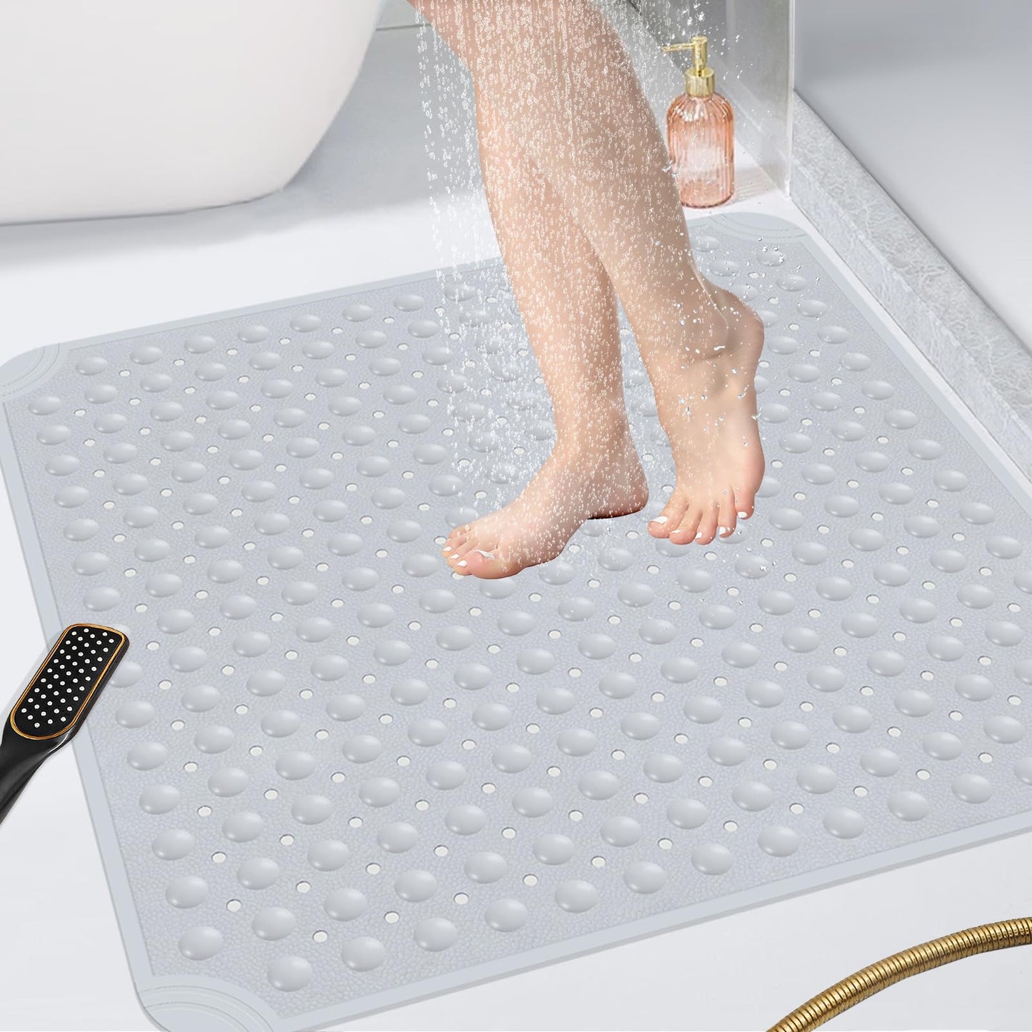 OTHWAY Large Shower Mat 34x23, TPE Non Slip Shower Mat, Inside Shower Mat with Drain Holes Suction Cups, Walk in Shower Mat for Shower Stall, Anti-Slip for Elderly Kids (Apricot)