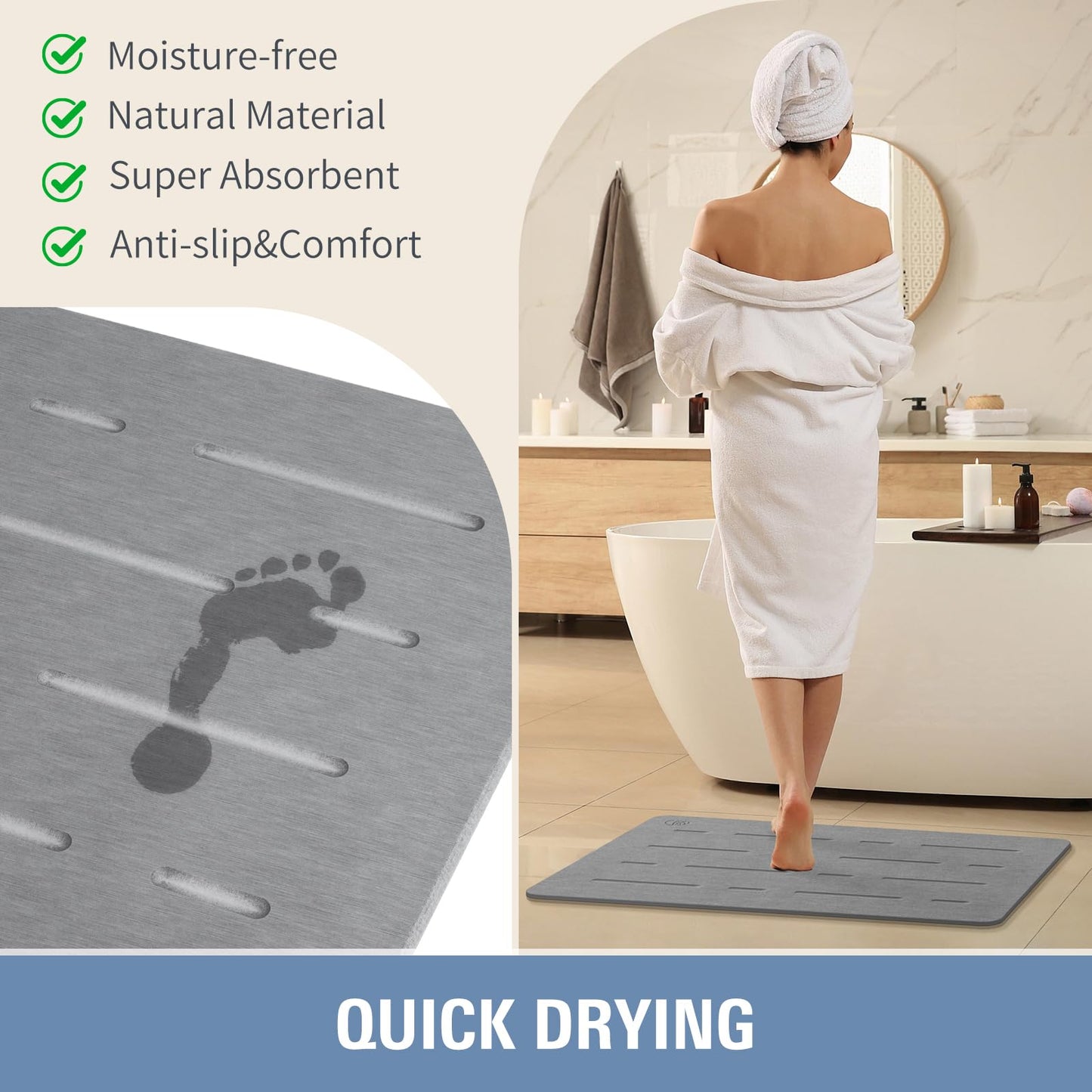 Large Stone Bath Mat - Quick Drying Absorbent Non-Slip Diatomite Mat