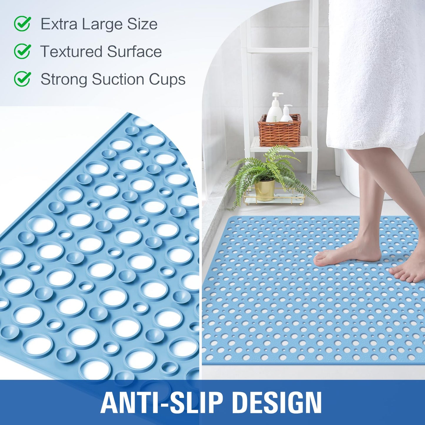 OTHWAY Large Shower Mat, 47x32 TPE Anti Slip Shower Mat, Heavy Bath Mats for Shower with Drain Holes Suction Cups, Shower Stall Mat for Bathroom, No Odor Shower Grip Mat for Elderly Kids(W-White)