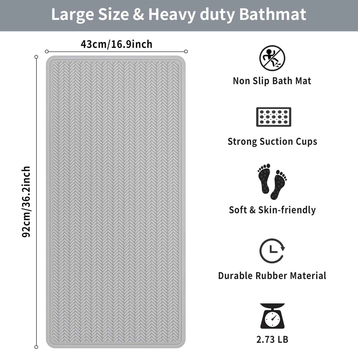 Anti-Slip Rubber Baby Bath Mat - Strong Suction Cups (Grey)