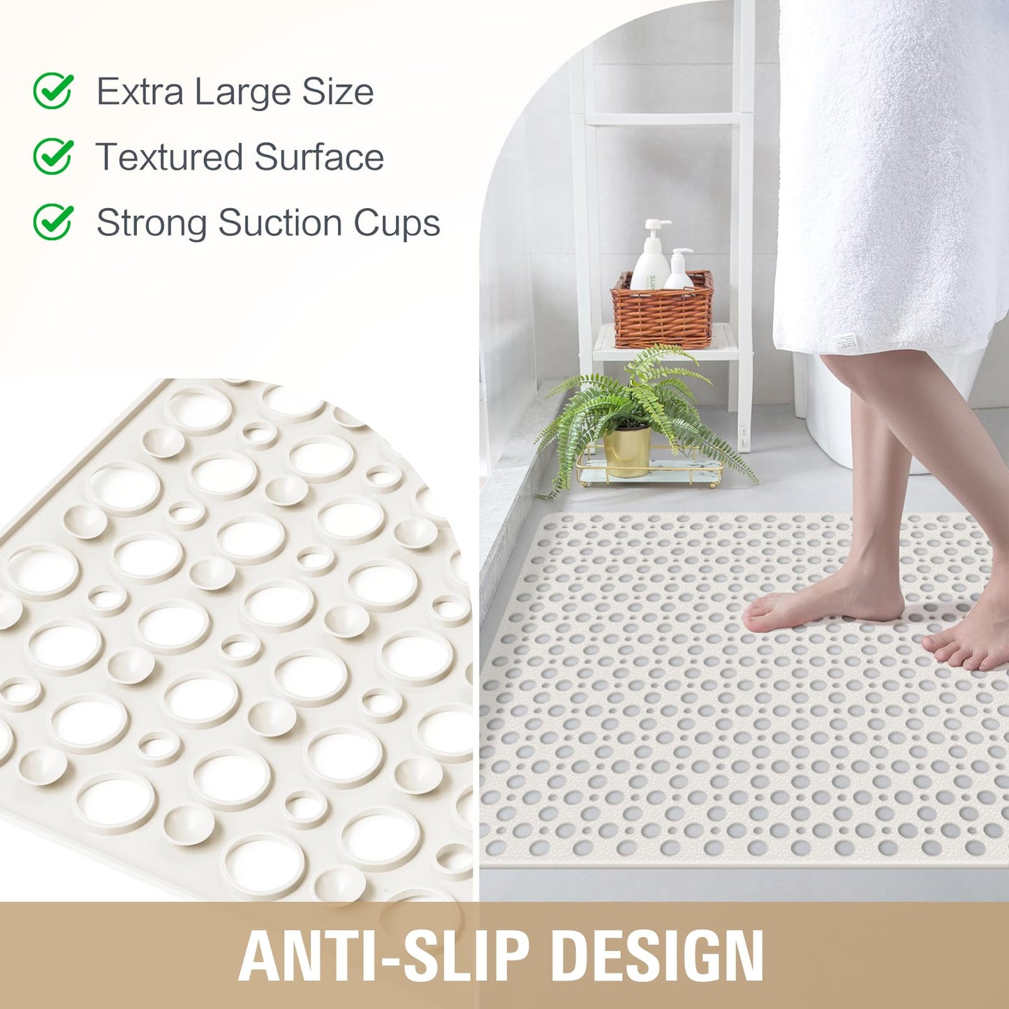 OTHWAY Large Shower Mat, 47x32 TPE Anti Slip Shower Mat, Heavy Bath Mats for Shower with Drain Holes Suction Cups, Shower Stall Mat for Bathroom, No Odor Shower Grip Mat for Elderly Kids(W-White)