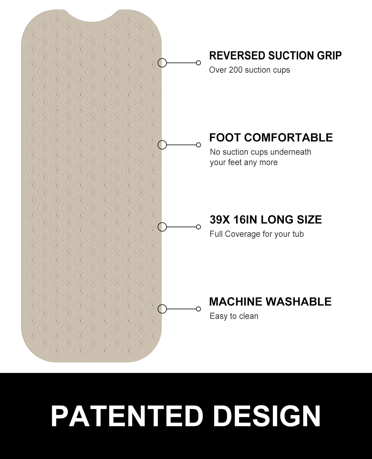 OTHWAY Bathtub Mat Non Slip, 39X16 inch Bath Mat for Tub, Machine Washable Bath Tub Mats with Reverse Suction Cups, Comfortable Rubber Bathtub Mat for Bathroom
