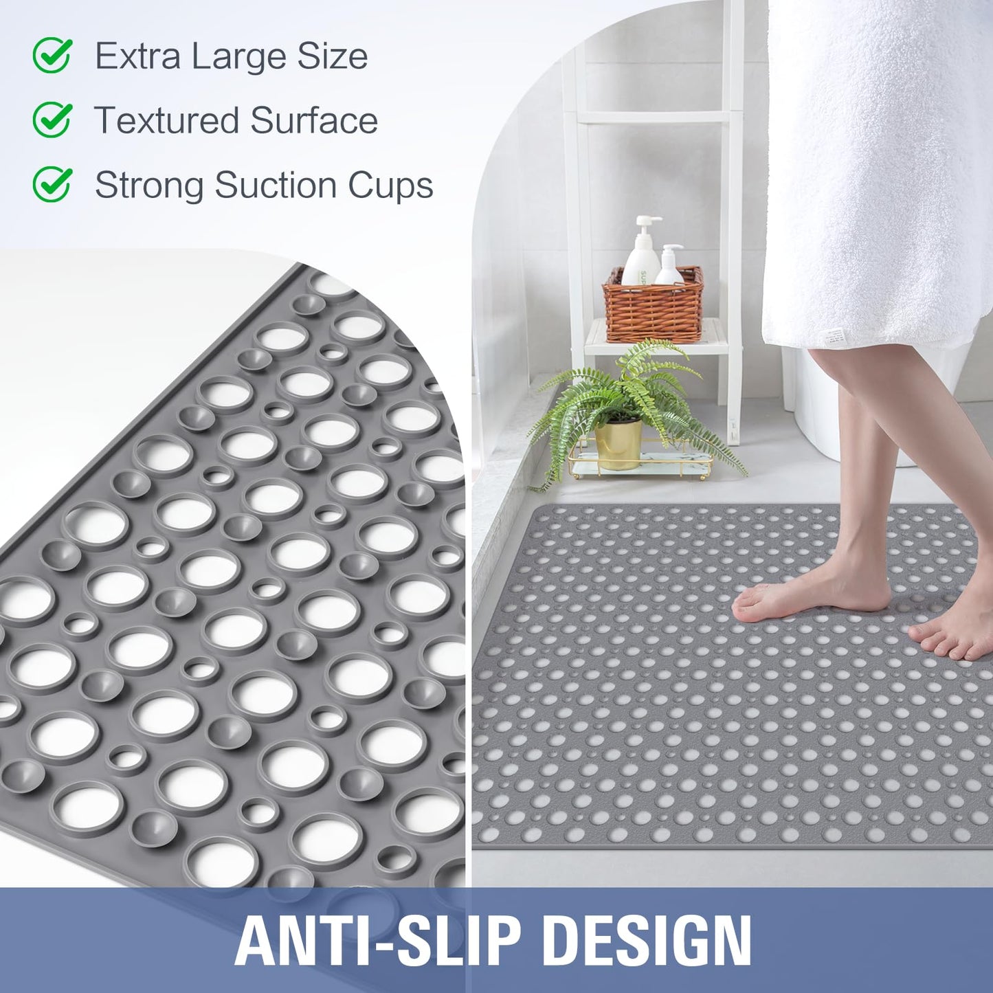OTHWAY Large Shower Mat, 47x32 TPE Anti Slip Shower Mat, Heavy Bath Mats for Shower with Drain Holes Suction Cups, Shower Stall Mat for Bathroom, No Odor Shower Grip Mat for Elderly Kids(W-White)