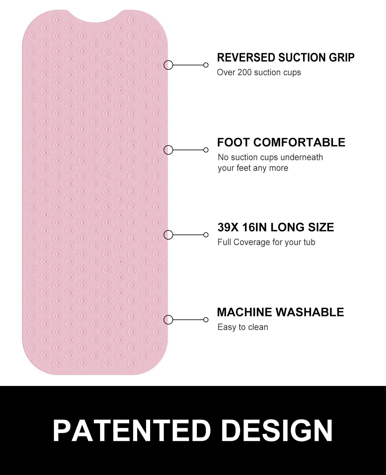 OTHWAY Bathtub Mat Non Slip, 39X16 inch Bath Mat for Tub, Machine Washable Bath Tub Mats with Reverse Suction Cups, Comfortable Rubber Bathtub Mat for Bathroom