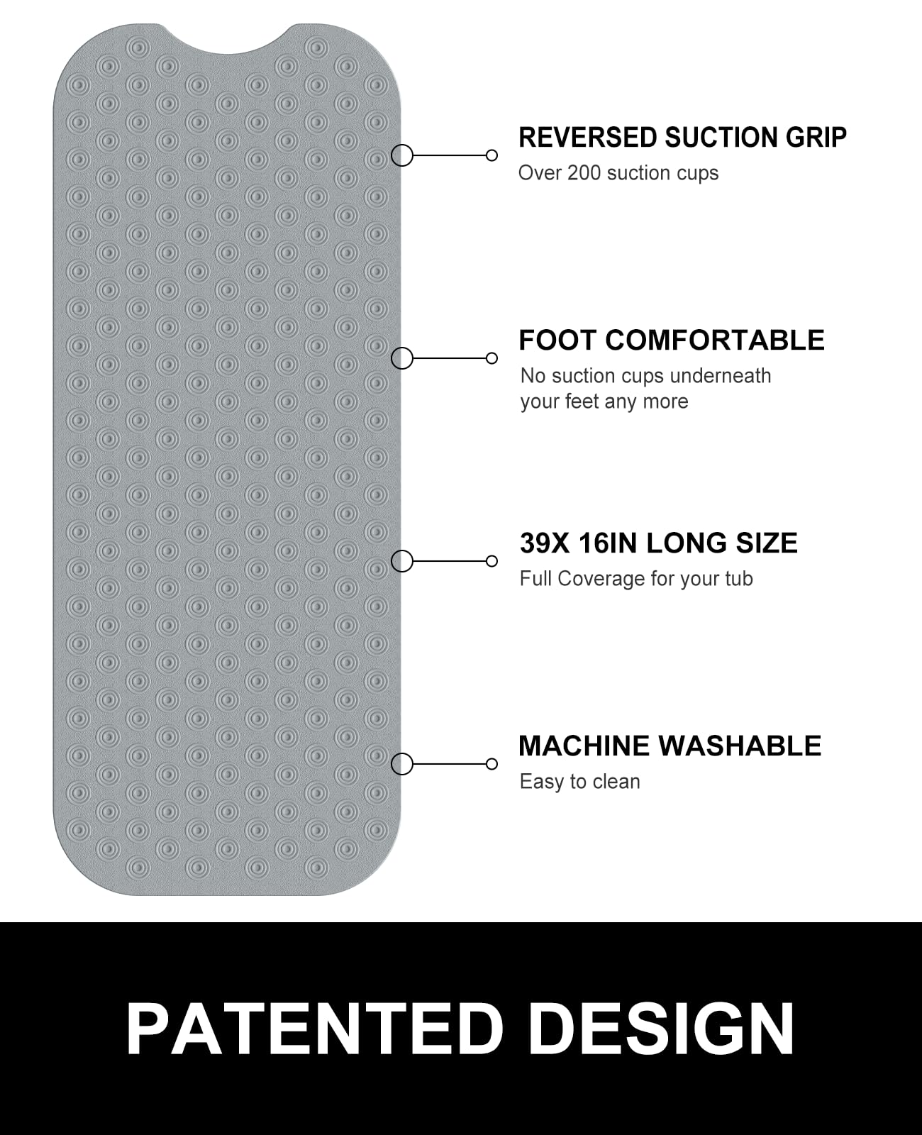 OTHWAY Bathtub Mat Non Slip, 39X16 inch Bath Mat for Tub, Machine Washable Bath Tub Mats with Reverse Suction Cups, Comfortable Rubber Bathtub Mat for Bathroom