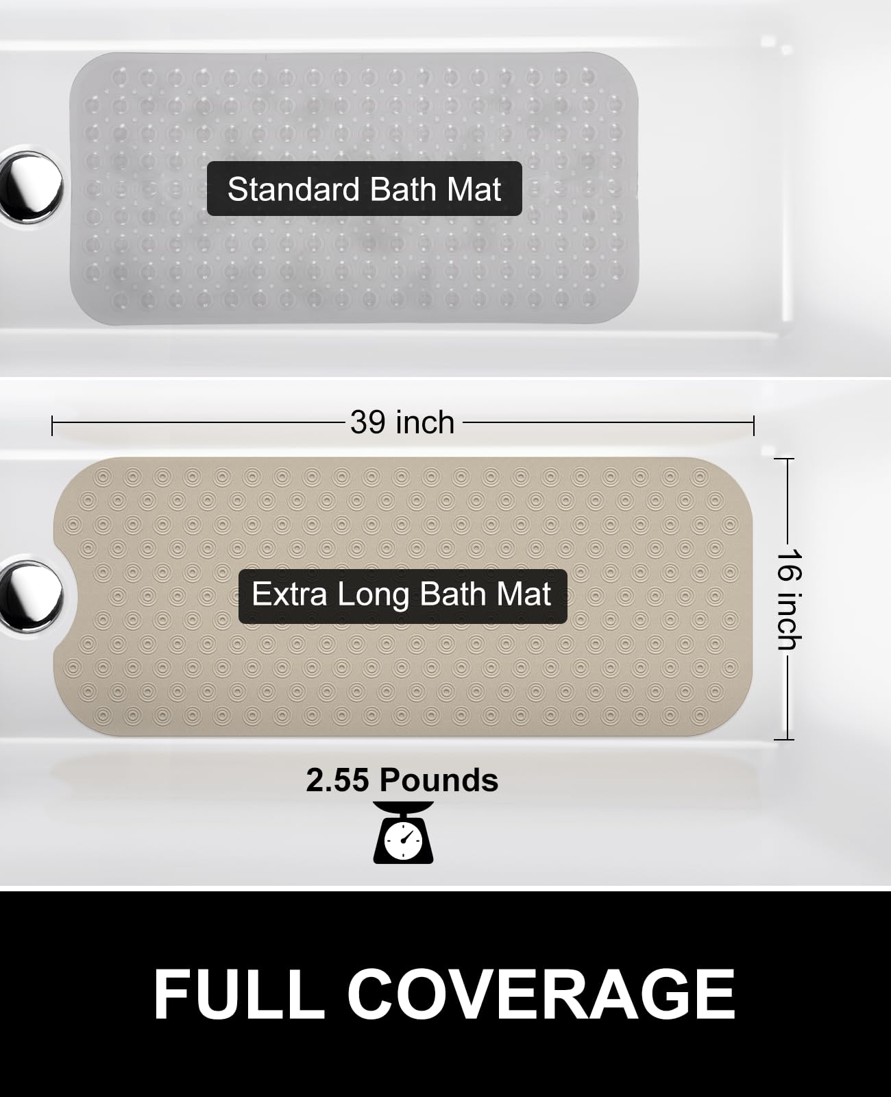 OTHWAY Bathtub Mat Non Slip, 39X16 inch Bath Mat for Tub, Machine Washable Bath Tub Mats with Reverse Suction Cups, Comfortable Rubber Bathtub Mat for Bathroom