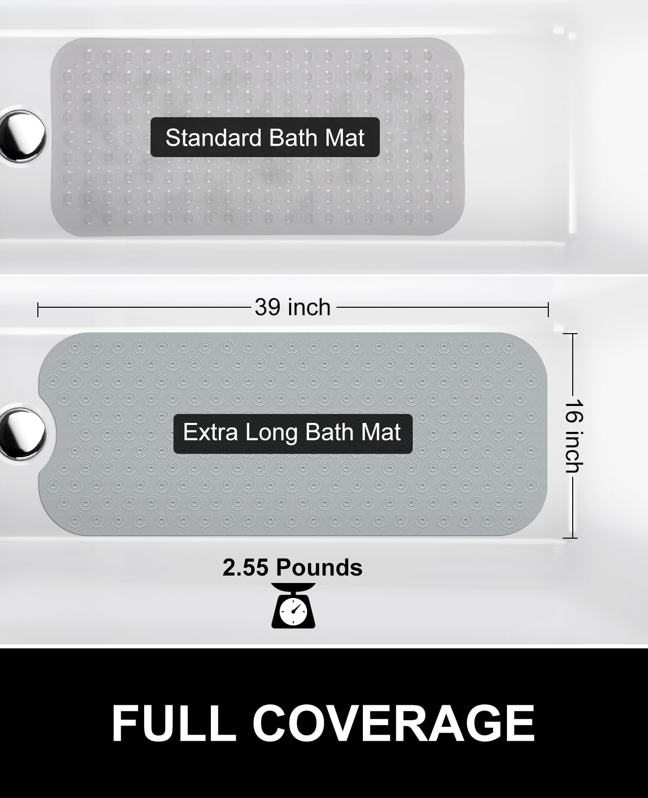 OTHWAY Bathtub Mat Non Slip, 39X16 inch Bath Mat for Tub, Machine Washable Bath Tub Mats with Reverse Suction Cups, Comfortable Rubber Bathtub Mat for Bathroom
