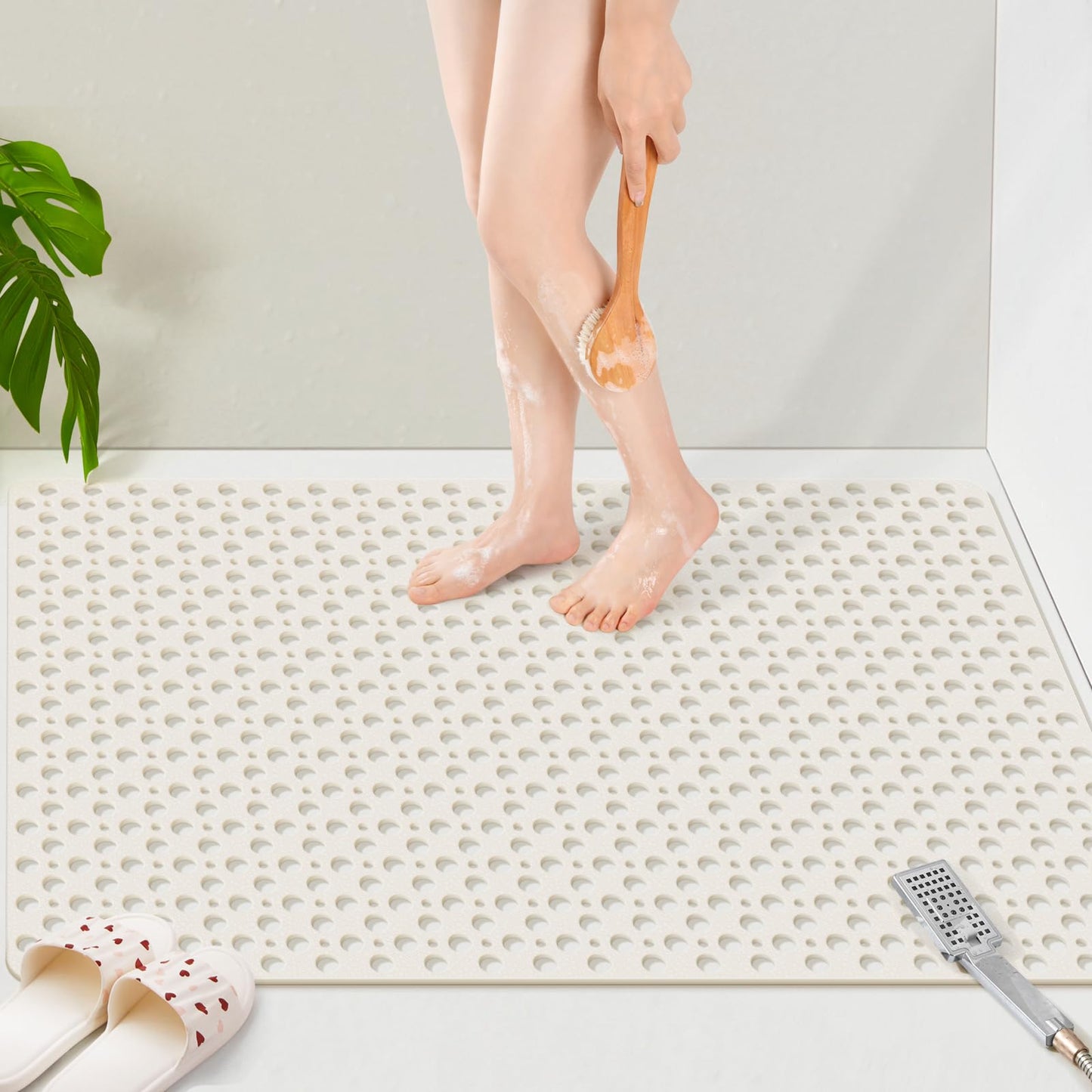 OTHWAY Large Shower Mat, 47x32 TPE Anti Slip Shower Mat, Heavy Bath Mats for Shower with Drain Holes Suction Cups, Shower Stall Mat for Bathroom, No Odor Shower Grip Mat for Elderly Kids(W-White)