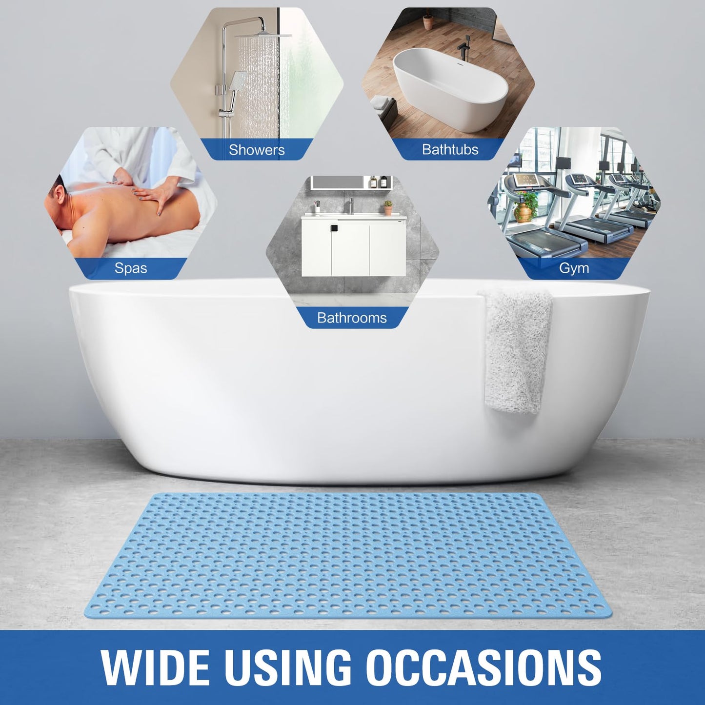 OTHWAY Large Shower Mat, 47x32 TPE Anti Slip Shower Mat, Heavy Bath Mats for Shower with Drain Holes Suction Cups, Shower Stall Mat for Bathroom, No Odor Shower Grip Mat for Elderly Kids(W-White)