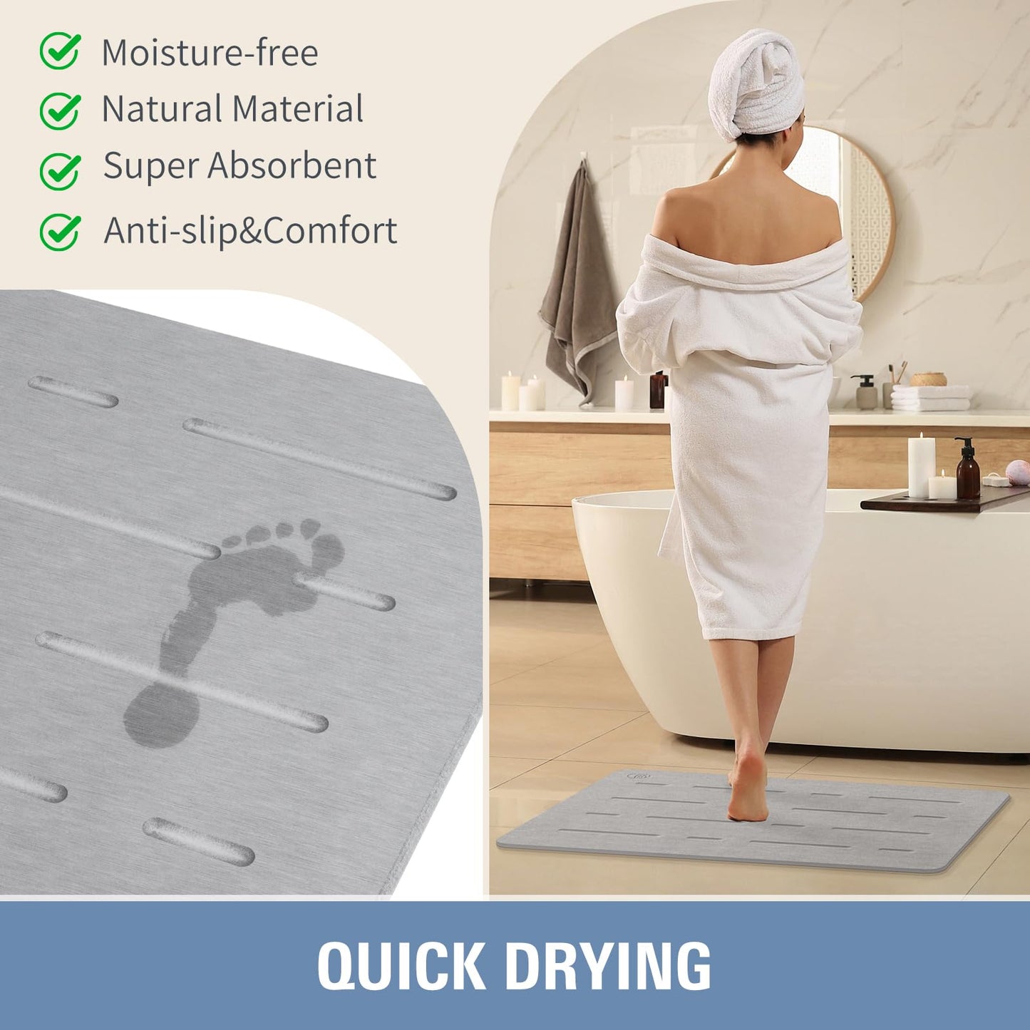 Large Stone Bath Mat - Quick Drying Absorbent Non-Slip Diatomite Mat