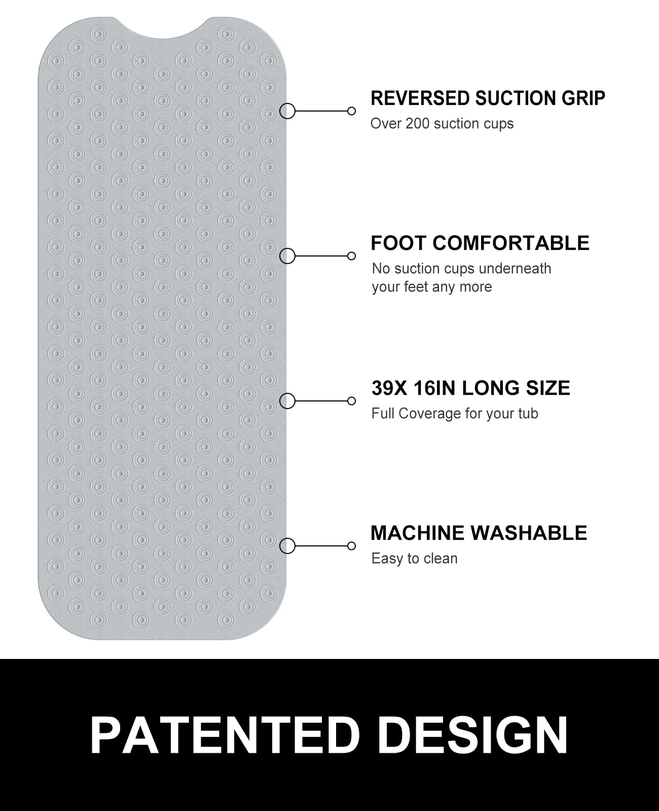 OTHWAY Bathtub Mat Non Slip, 39X16 inch Bath Mat for Tub, Machine Washable Bath Tub Mats with Reverse Suction Cups, Comfortable Rubber Bathtub Mat for Bathroom