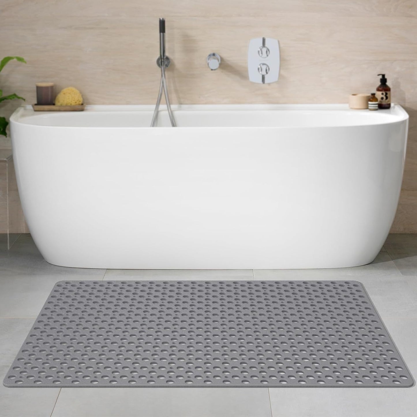 Yolife Large Shower Mat, 35" x 24" Non Slip Shower Mats for Inside Shower with Drain Holes and Suction Cups, No Odor Soft Shower Floor Mat, Grey