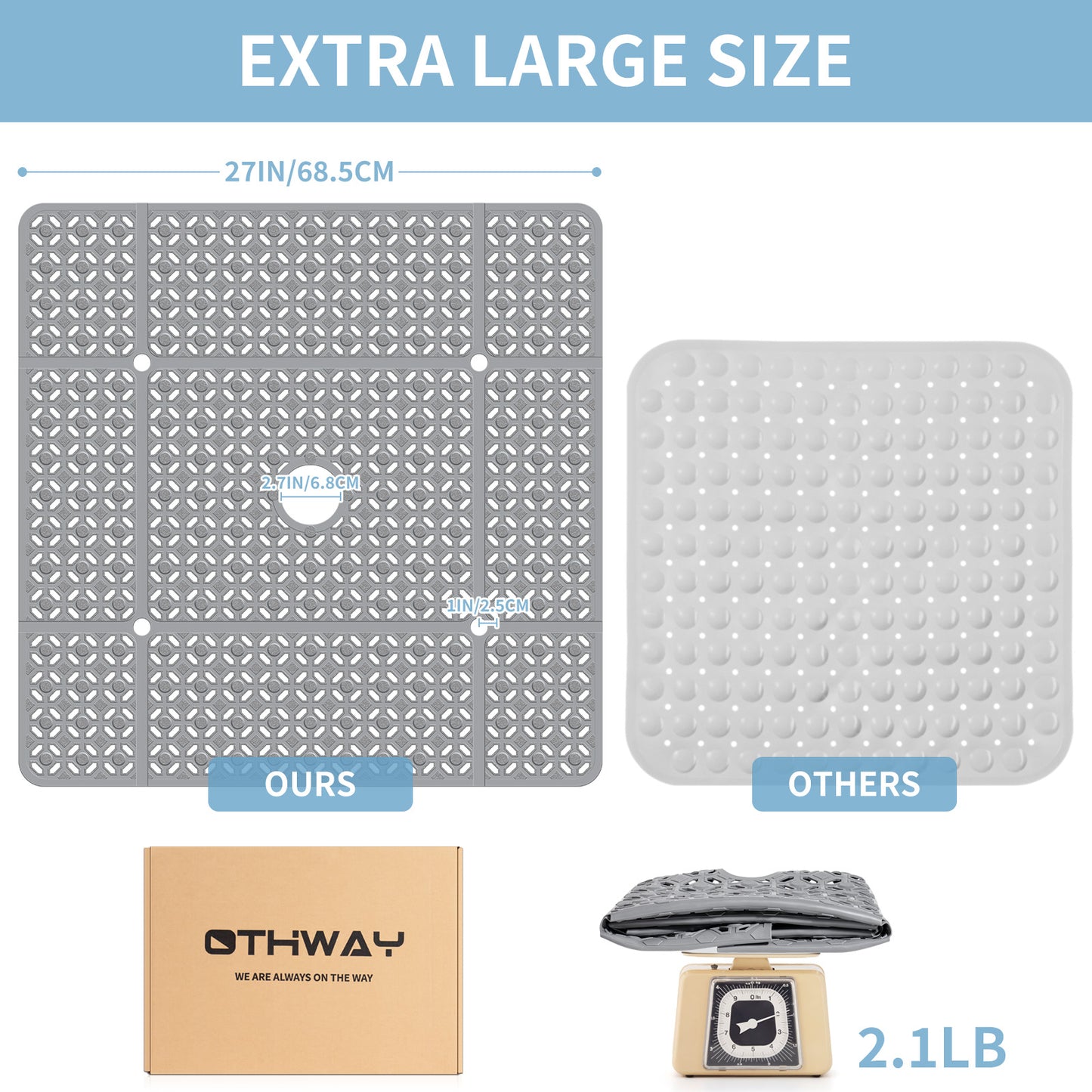 OTHWAY Square Shower Mat, 27"x 27" Extra Large Shower Mats for Inside Shower, TPE Anti Slip Shower Mat with Suction Cups Drain Holes, Machine Washable Shower Floor Mat