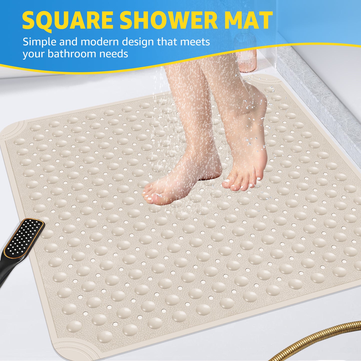 OTHWAY Square Shower Mat 32"x 32", TPE Non Slip Shower Mat for Walk in Shower Stall, Inside Shower Mats with Drain Holes Suction Cups, Anti-Slip for Elderly Kids