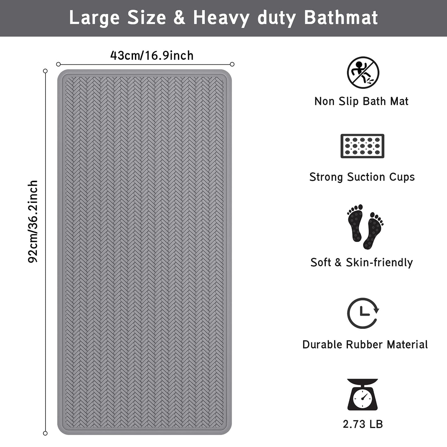 Anti-Slip Rubber Baby Bath Mat - Strong Suction Cups (Grey)