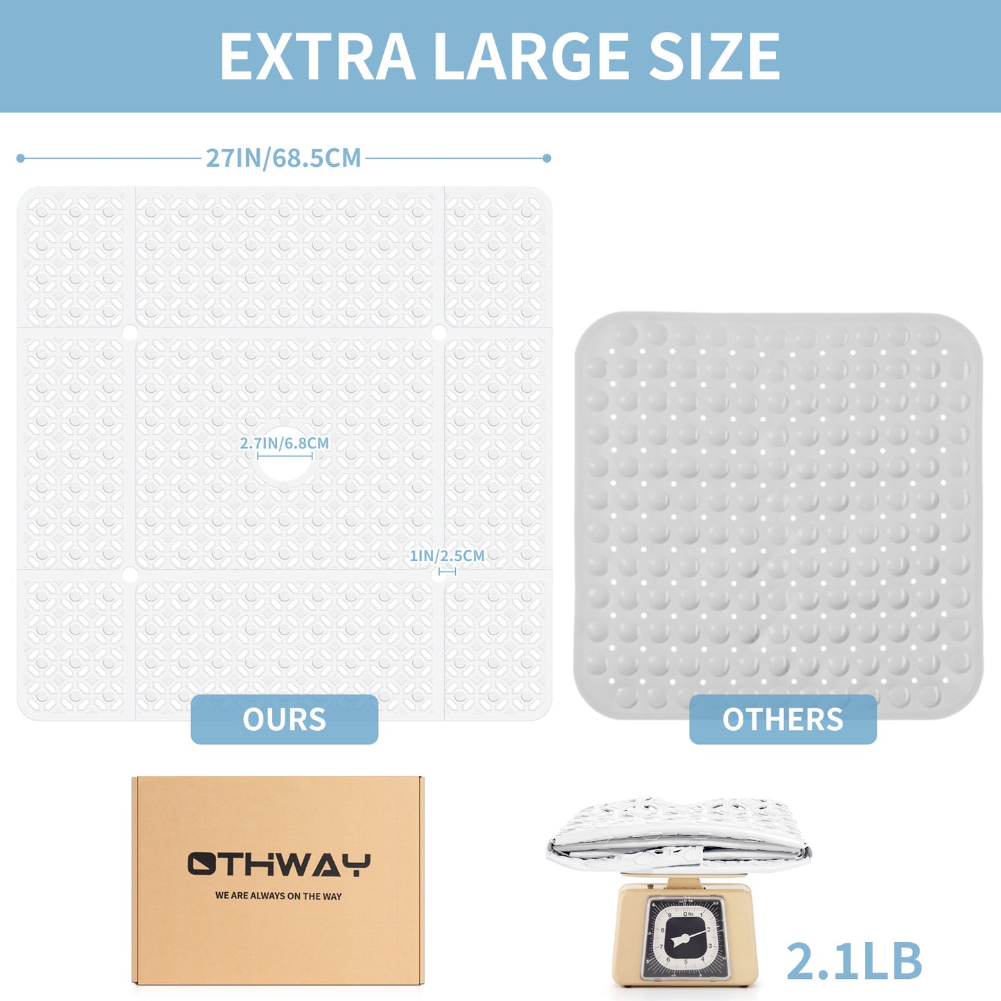 OTHWAY Square Shower Mat, 27"x 27" Extra Large Shower Mats for Inside Shower, TPE Anti Slip Shower Mat with Suction Cups Drain Holes, Machine Washable Shower Floor Mat