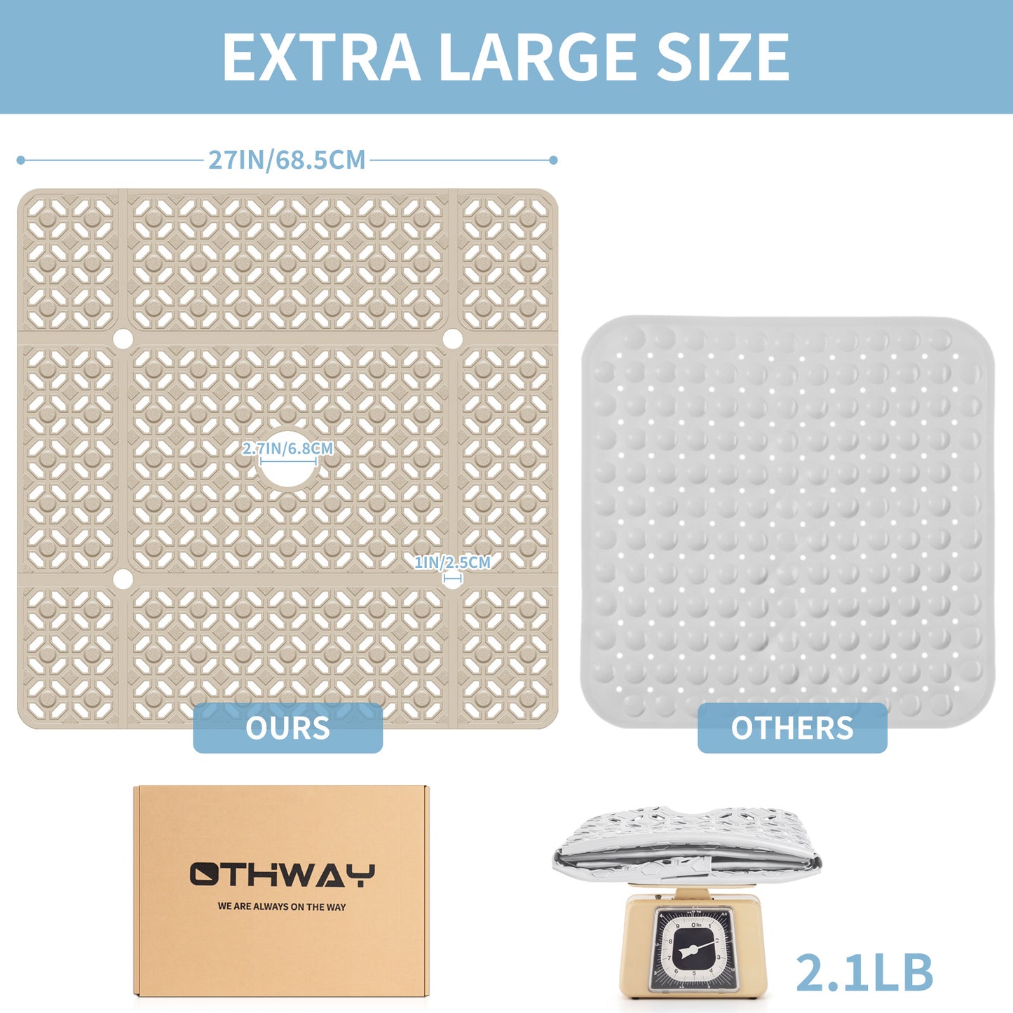 OTHWAY Square Shower Mat, 27"x 27" Extra Large Shower Mats for Inside Shower, TPE Anti Slip Shower Mat with Suction Cups Drain Holes, Machine Washable Shower Floor Mat