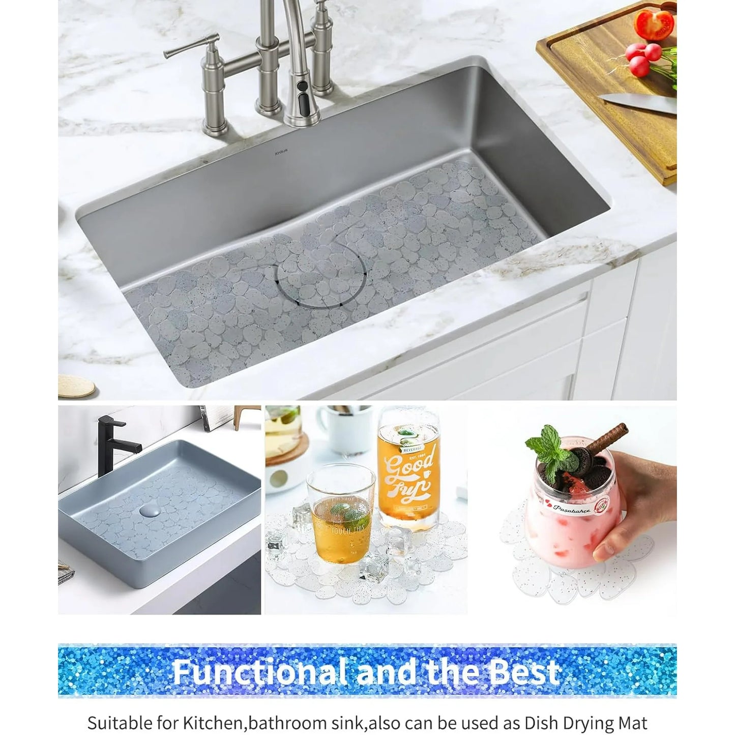 Bligli Non-Slip PVC Sink Mats (2-pack) – Pebble Design Protector for Stainless Steel/Porcelain, Dish Drying & Kitchen Liner, 15.7"x11.8"