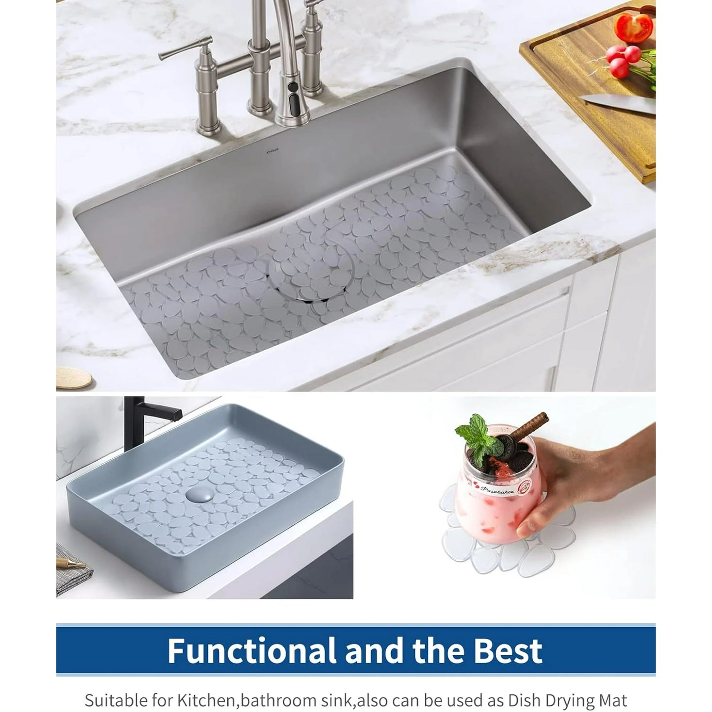 Bligli Non-Slip PVC Sink Mats (2-pack) – Pebble Design Protector for Stainless Steel/Porcelain, Dish Drying & Kitchen Liner, 15.7"x11.8"